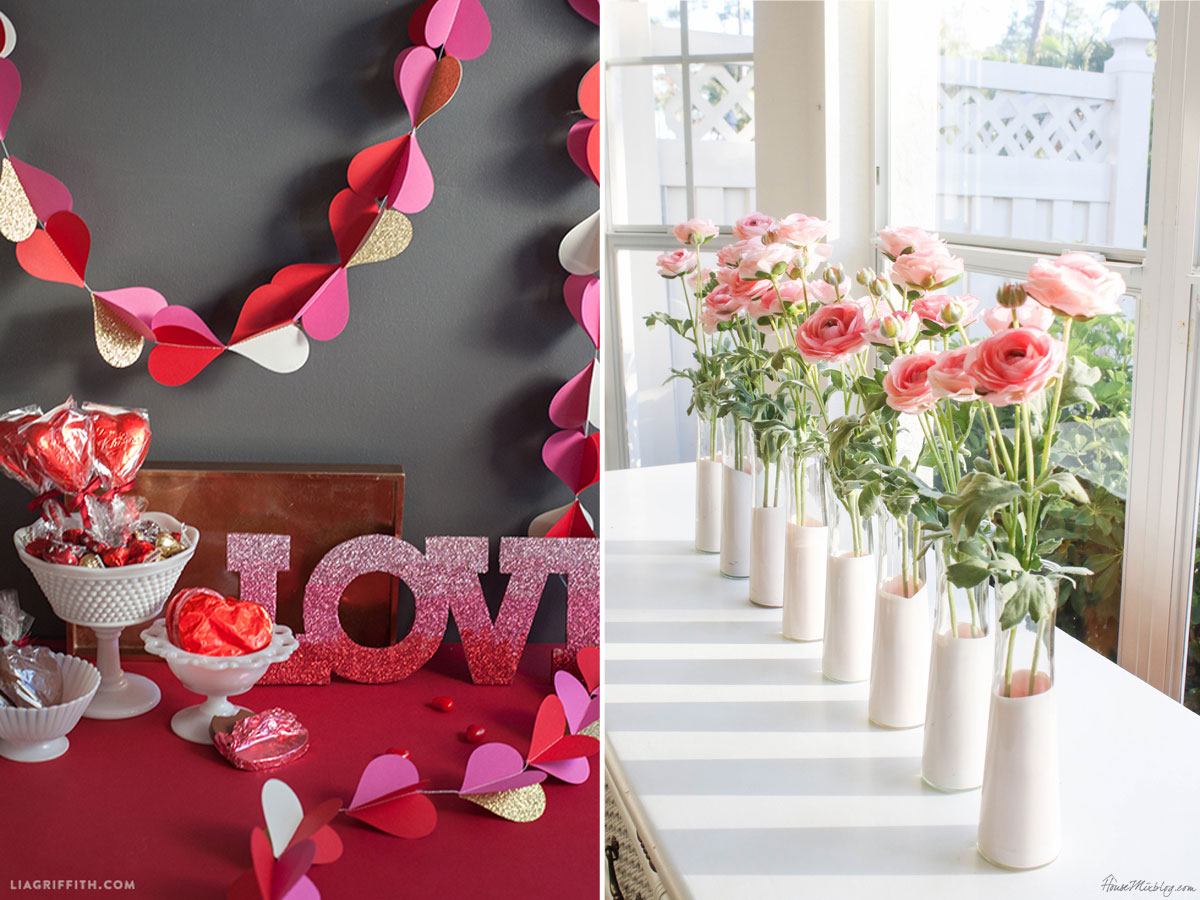 Paper heart garland and dip dyed vases for Valentines