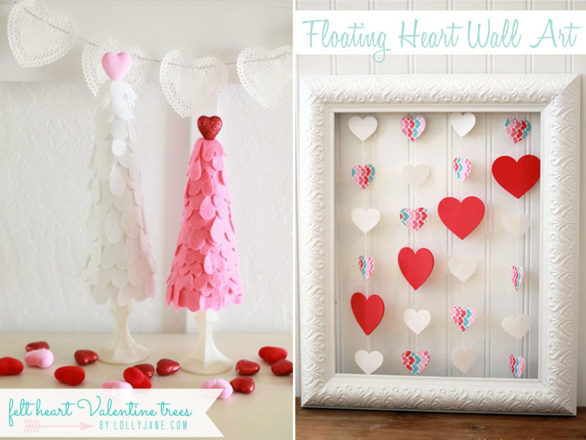 Valentine\'s day trees made with felt hearts; photo frame with colorful hearts strung inside it