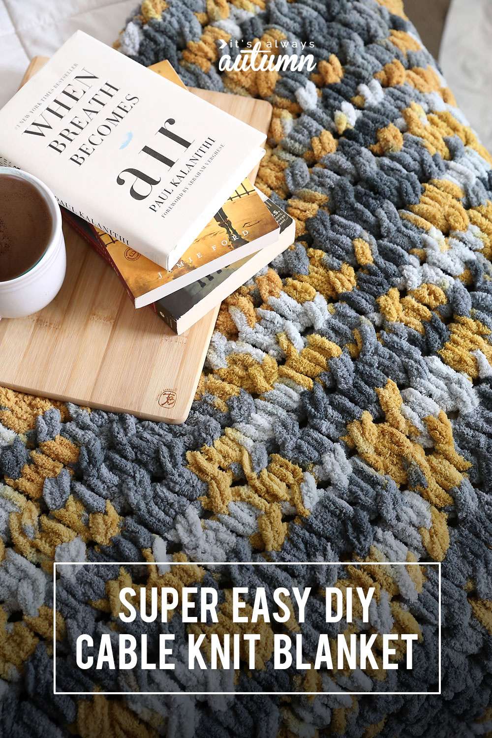 DIY cable knit blanket on a bed