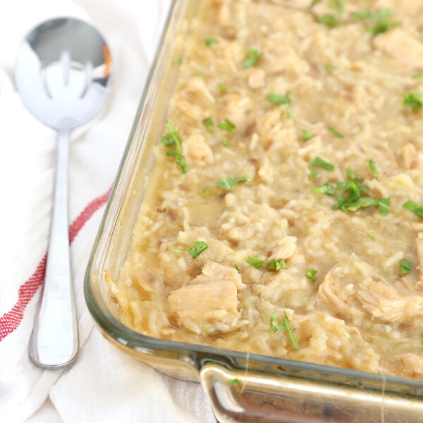 This creamy chicken and rice casserole is comfort food at it's finest! Only five ingredients and five minutes of prep.