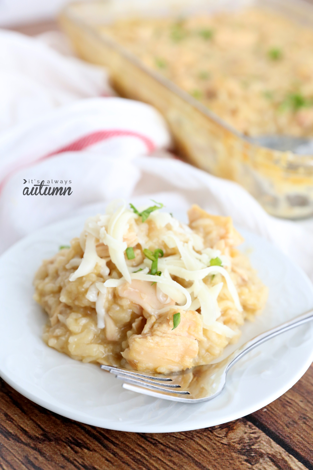 Chicken and rice casserole topped with cheese