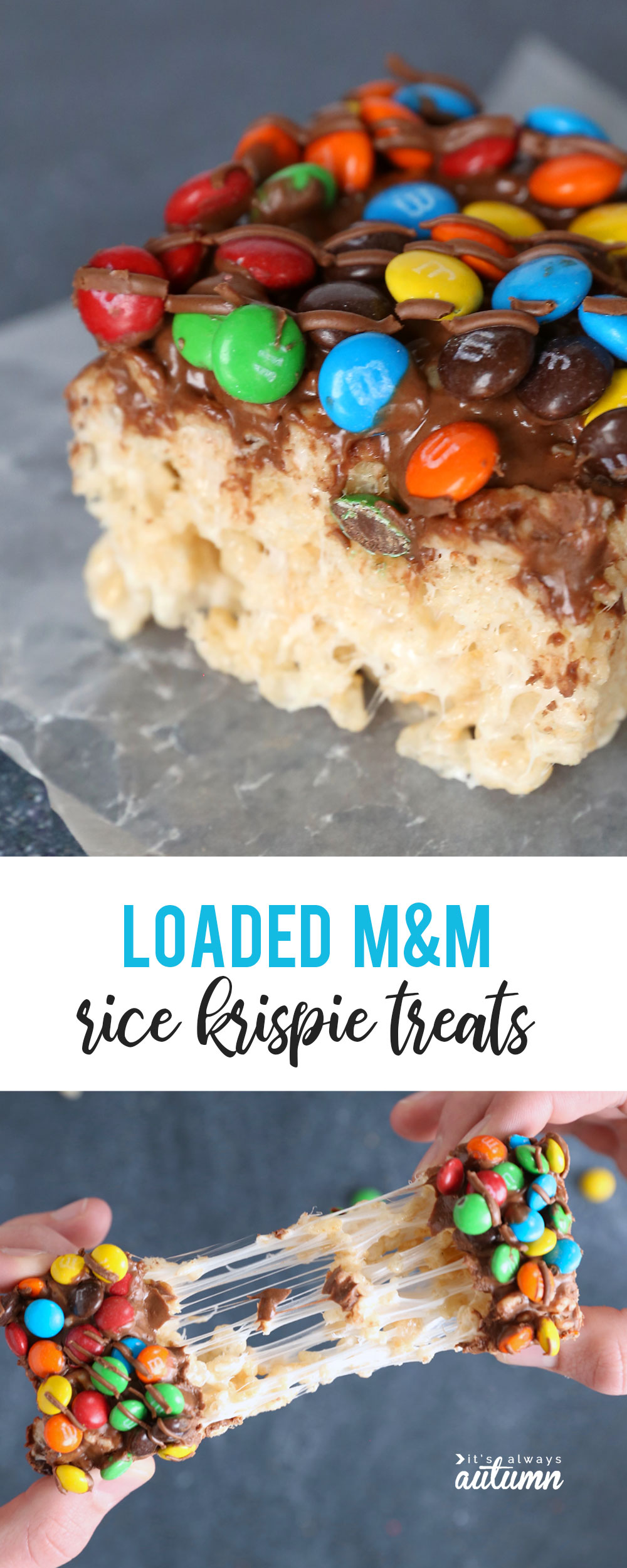 Rice Krispie treats covered in mini M&Ms and chocolate