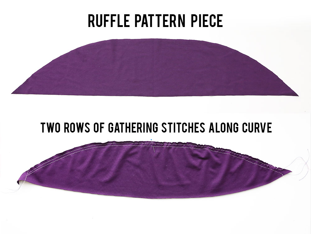 Ruffle pattern piece with gathering stitches along the curve