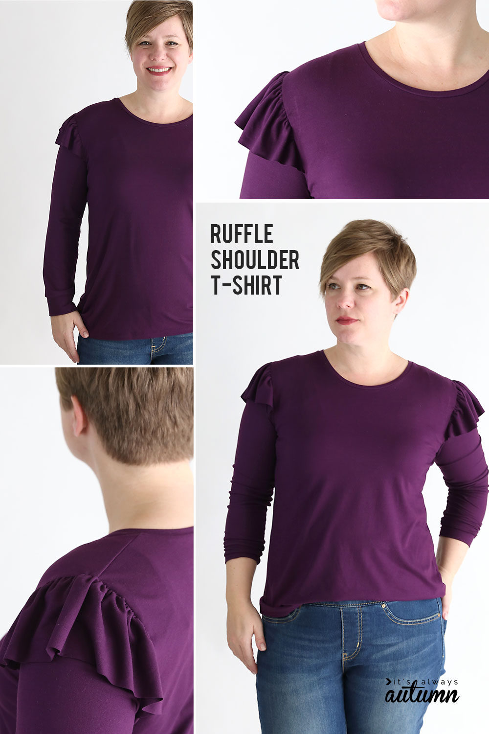 A woman wearing a purple long sleeve t-shirt with ruffles at the shoulders