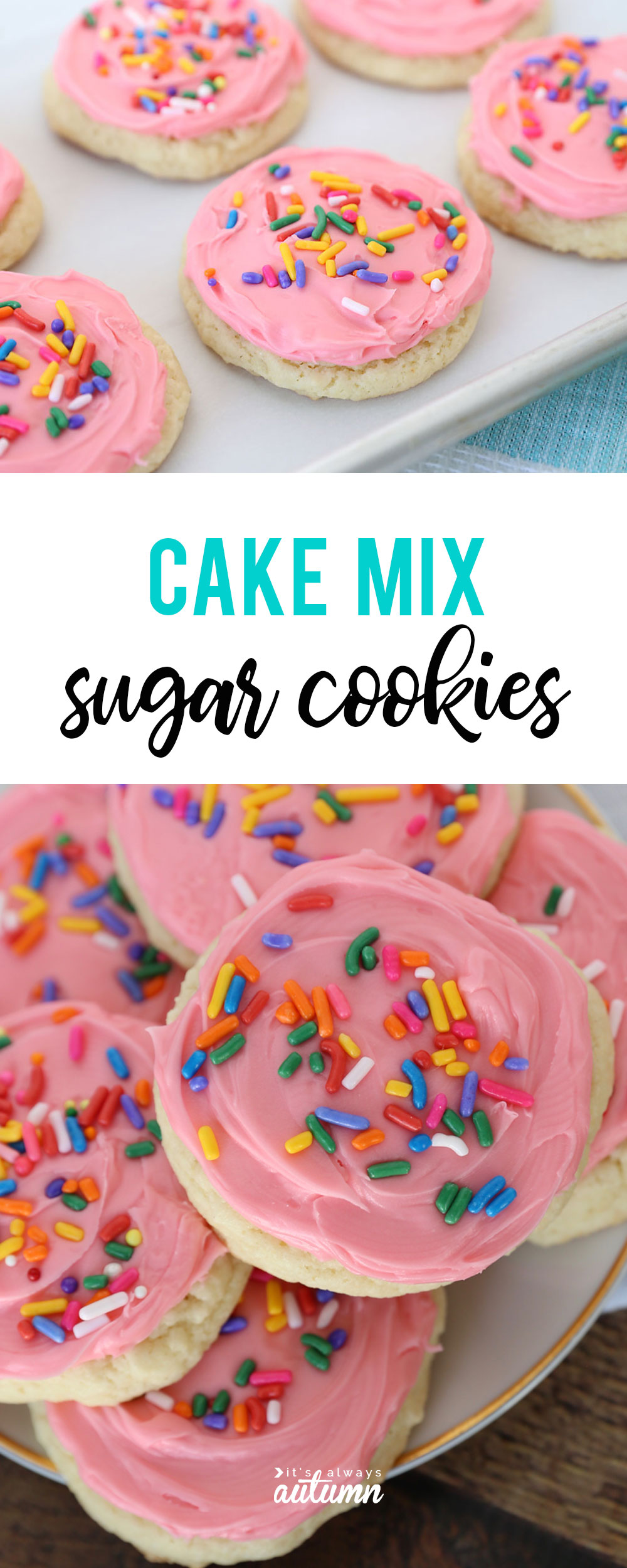 Sugar cookies made from a cake mix with pink frosting and sprinkles