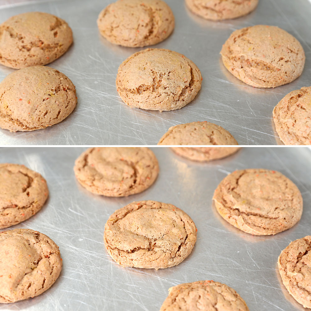 Baked carrot cake cookies puffed and cracked and then slightly flattened