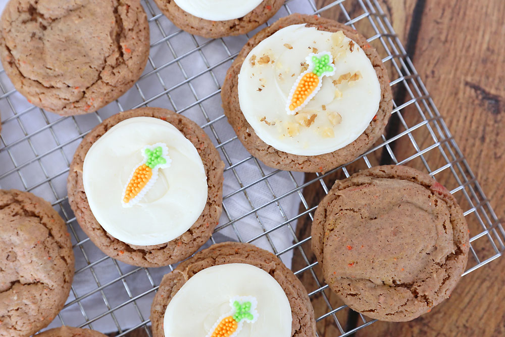 Carrot cake cookies on a cooling rack