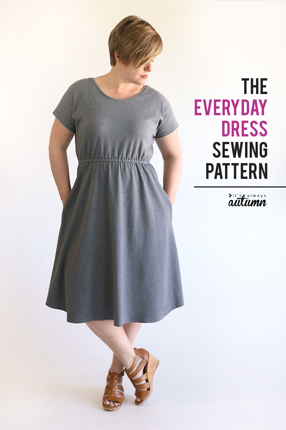 Woman wearing the everyday dress made from a free sewing pattern