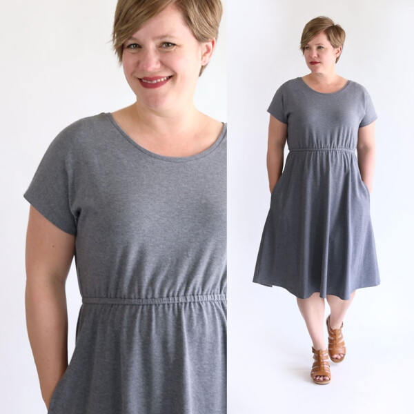 Woman wearing dress made from a free pattern