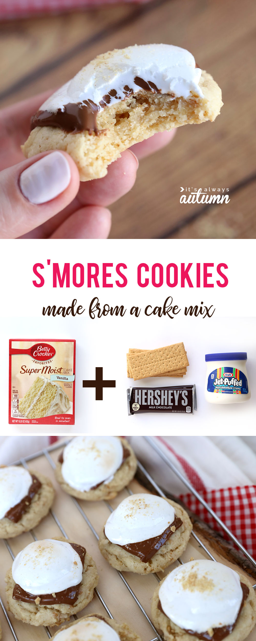 These s'mores cookies are amazing! And they're super fast to make because they start with a cake mix.