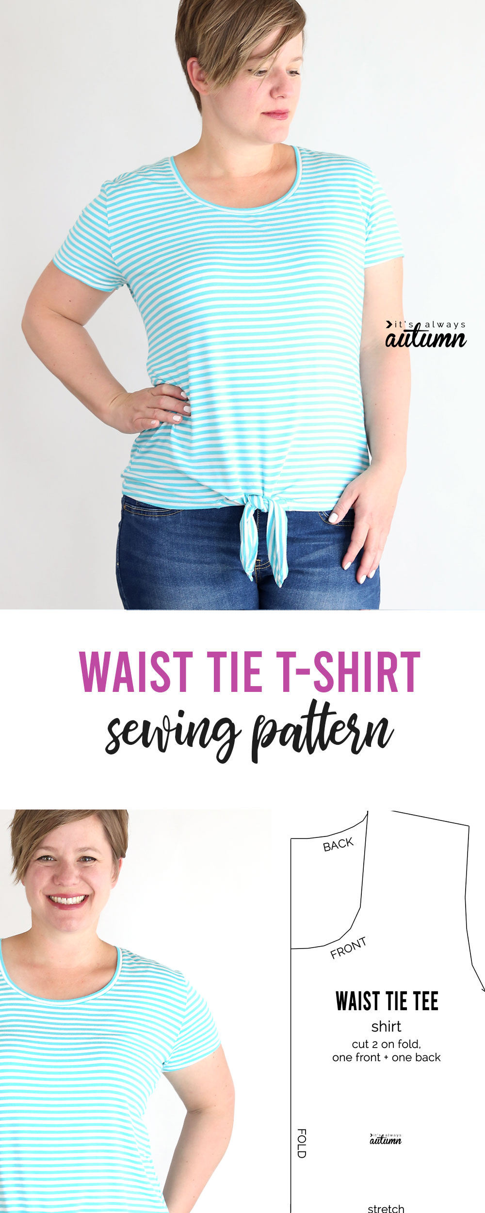 A woman wearing the Waist Tie T-Shirt made from a free sewing pattern