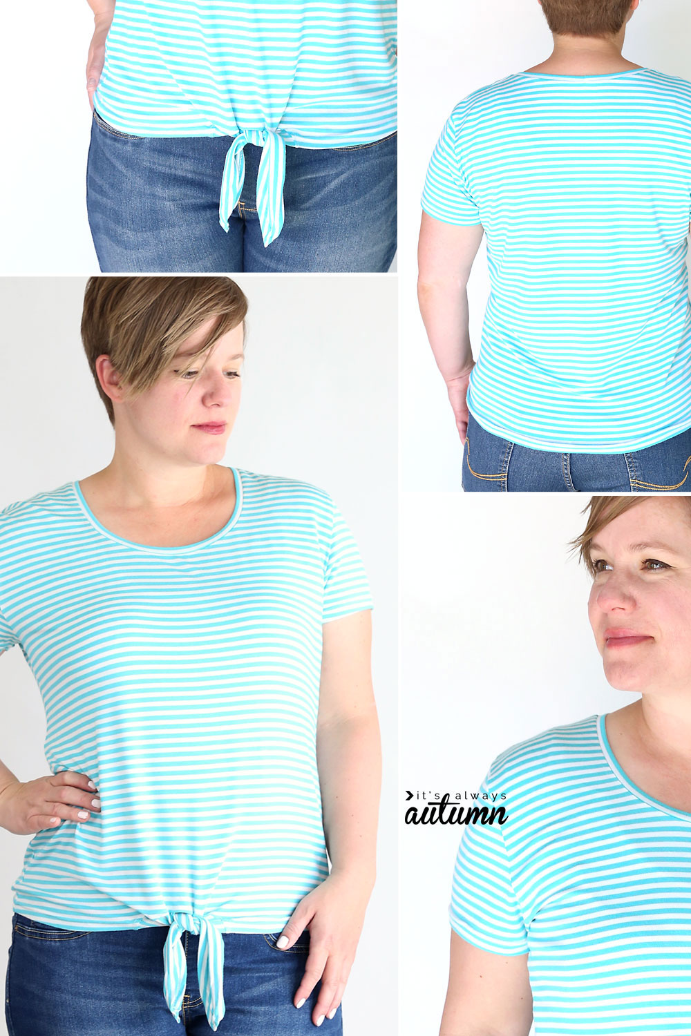 A woman wearing the Waist Tie T-Shirt made from a free sewing pattern
