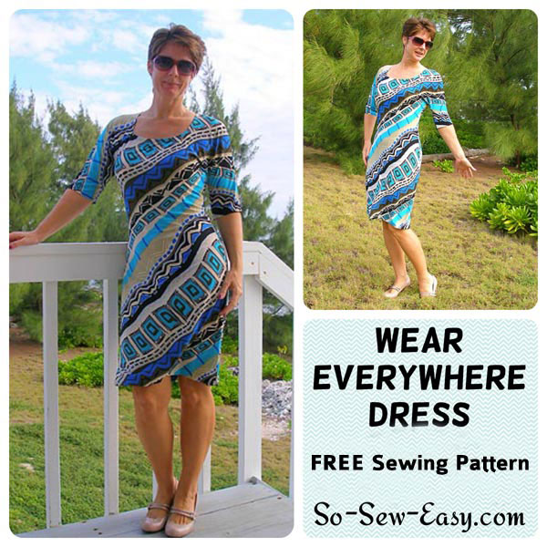 A woman wearing the wear everywhere dress free sewing pattern