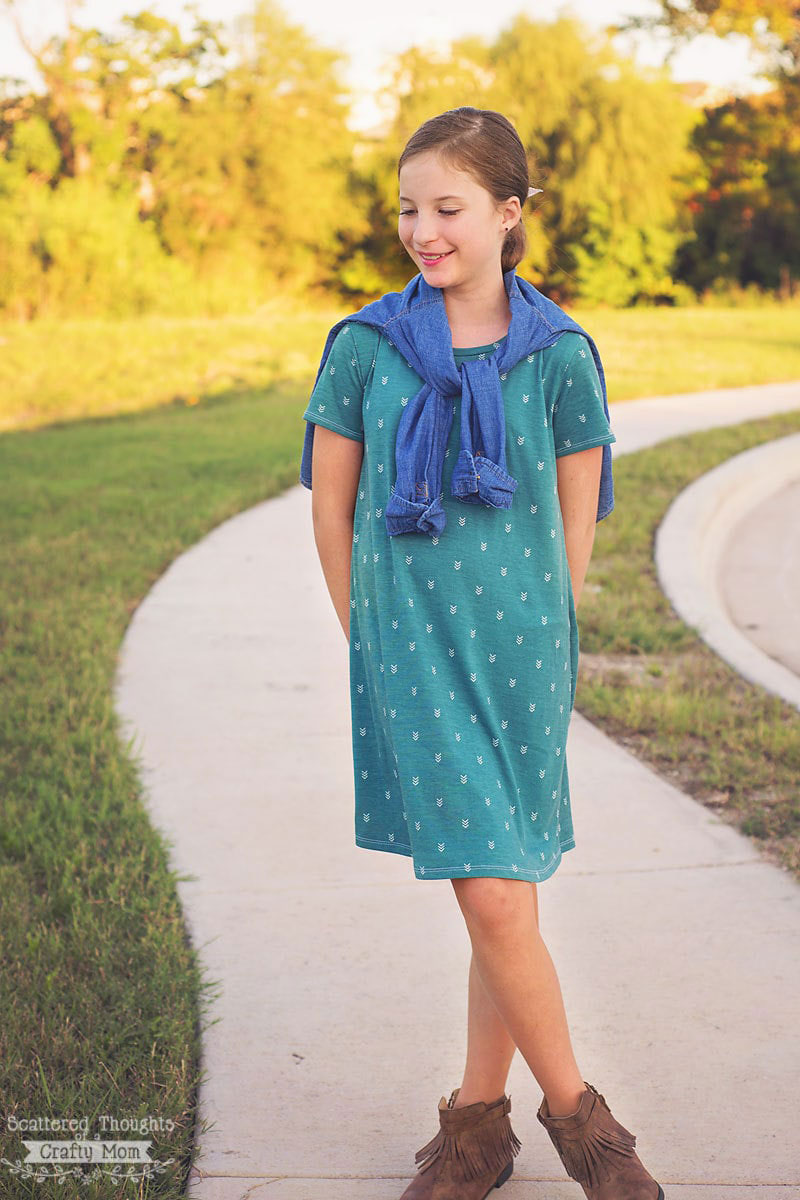 Girl modeling dress made from a free pattern
