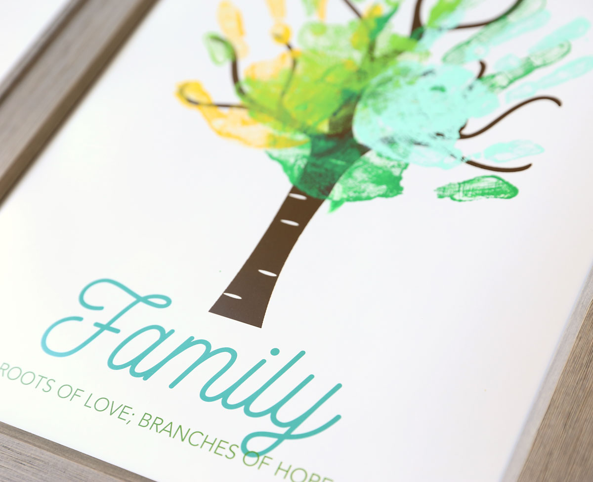 Family tree print with leaves made from handprints