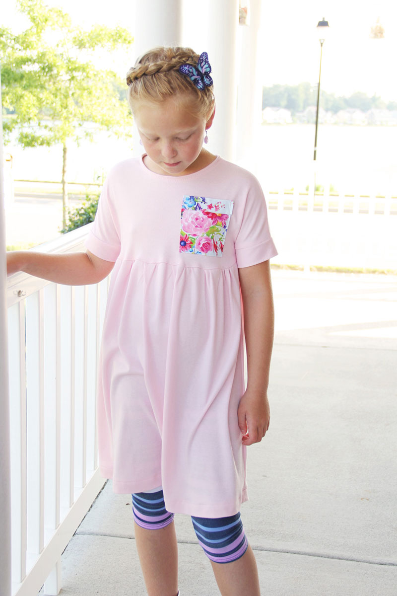 Girl modeling dress made from a free pattern