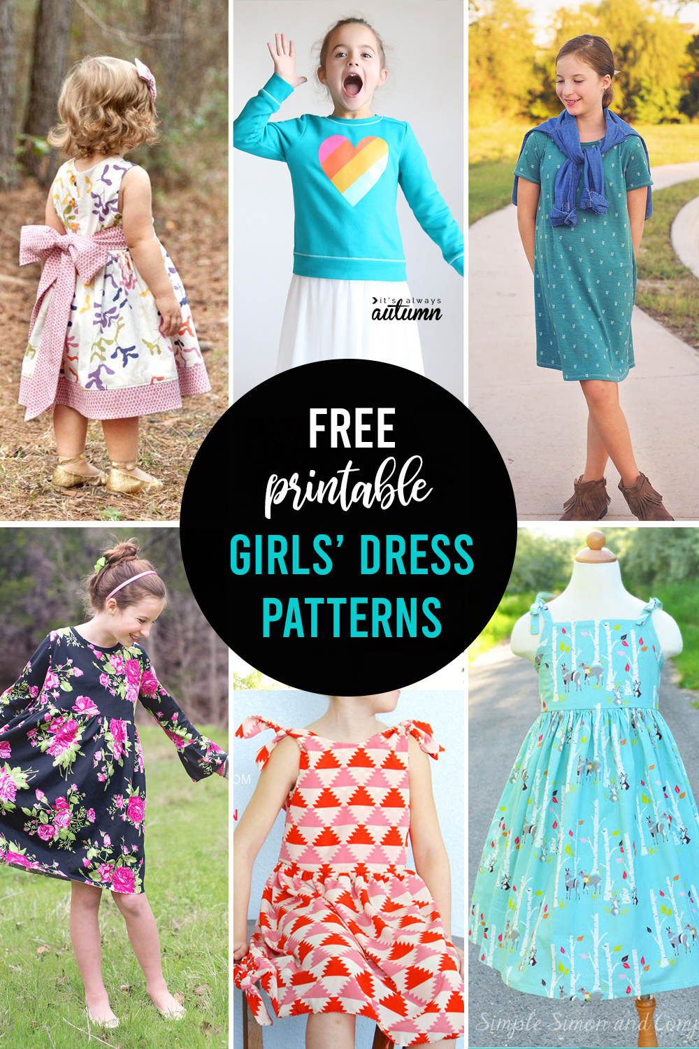 Free printable dress patterns for girls in multiple sizes.