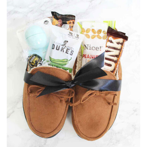 Slippers filled with goodies.