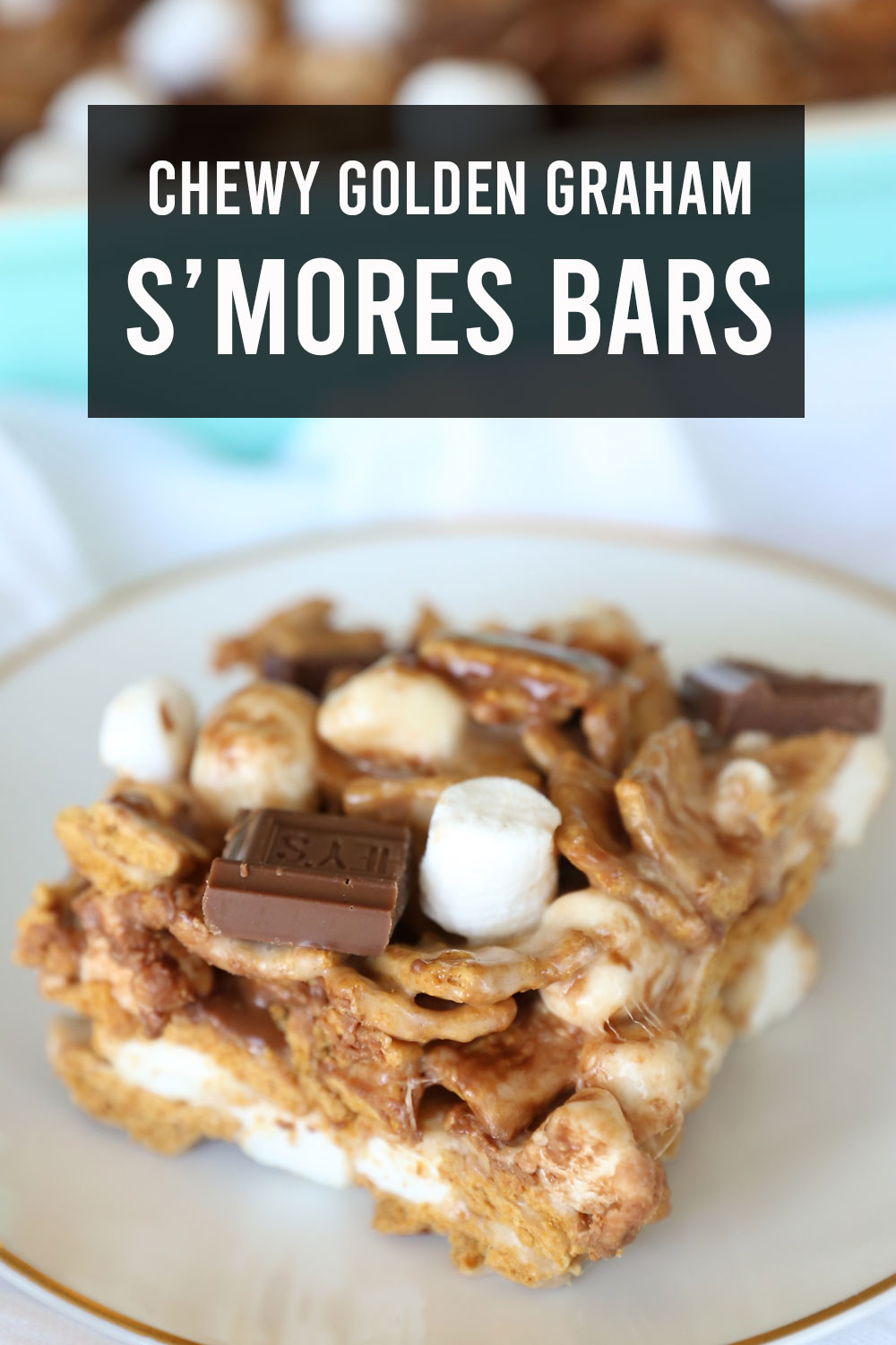 Chewy S'mores bars made with Golden Grahams, marshmallows, and milk chocolate