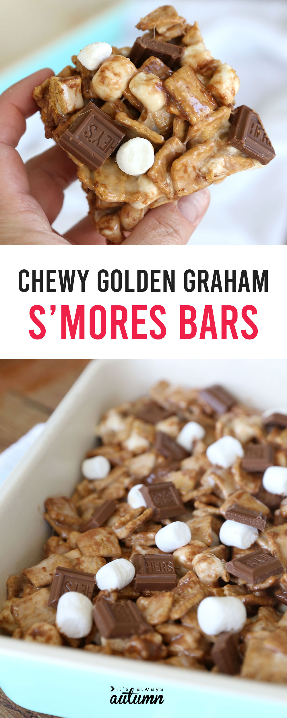 Chewy S'mores bars made with Golden Grahams, marshmallows, and milk chocolate