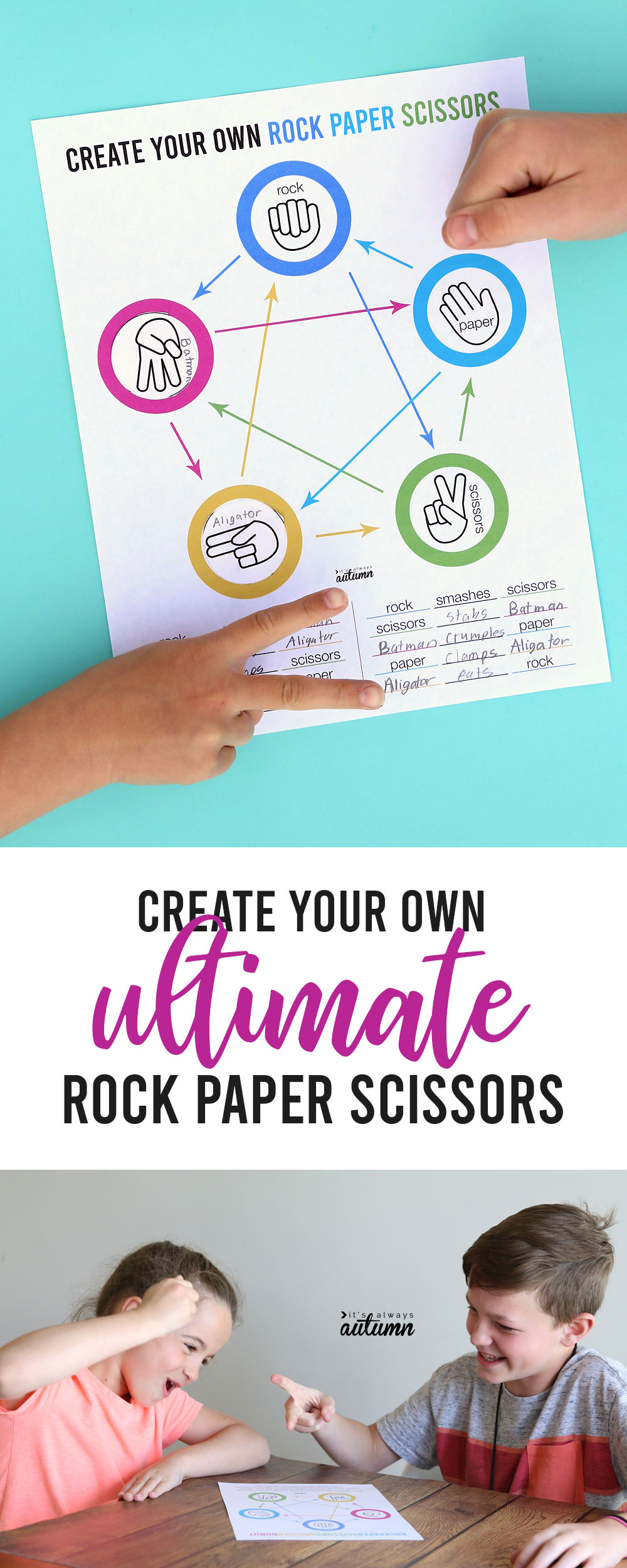 Create your own ultimate rock paper scissors printable and kids playing rock paper scissors