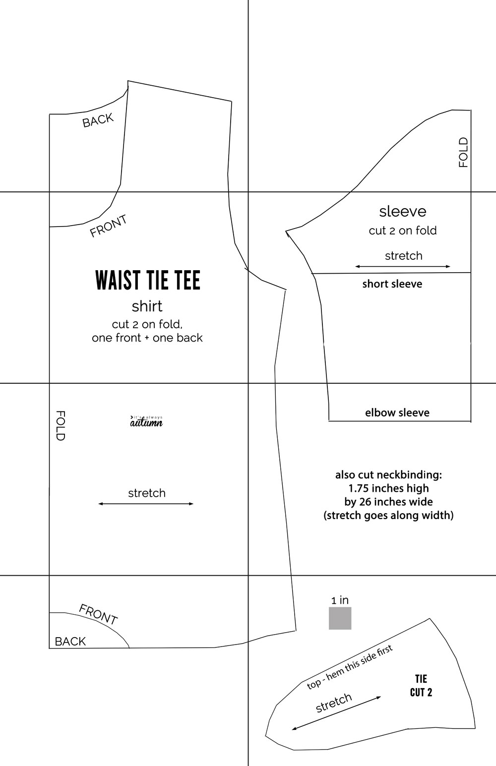 The Waist Tie Tee free sewing pattern diagram