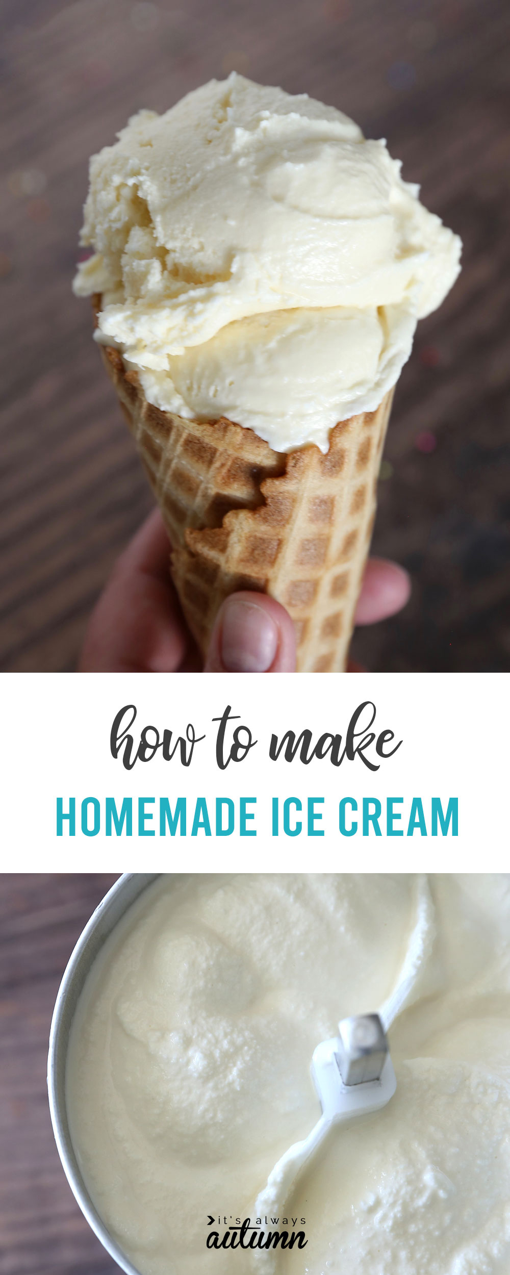 Homemade vanilla ice cream in a cone and in a large container