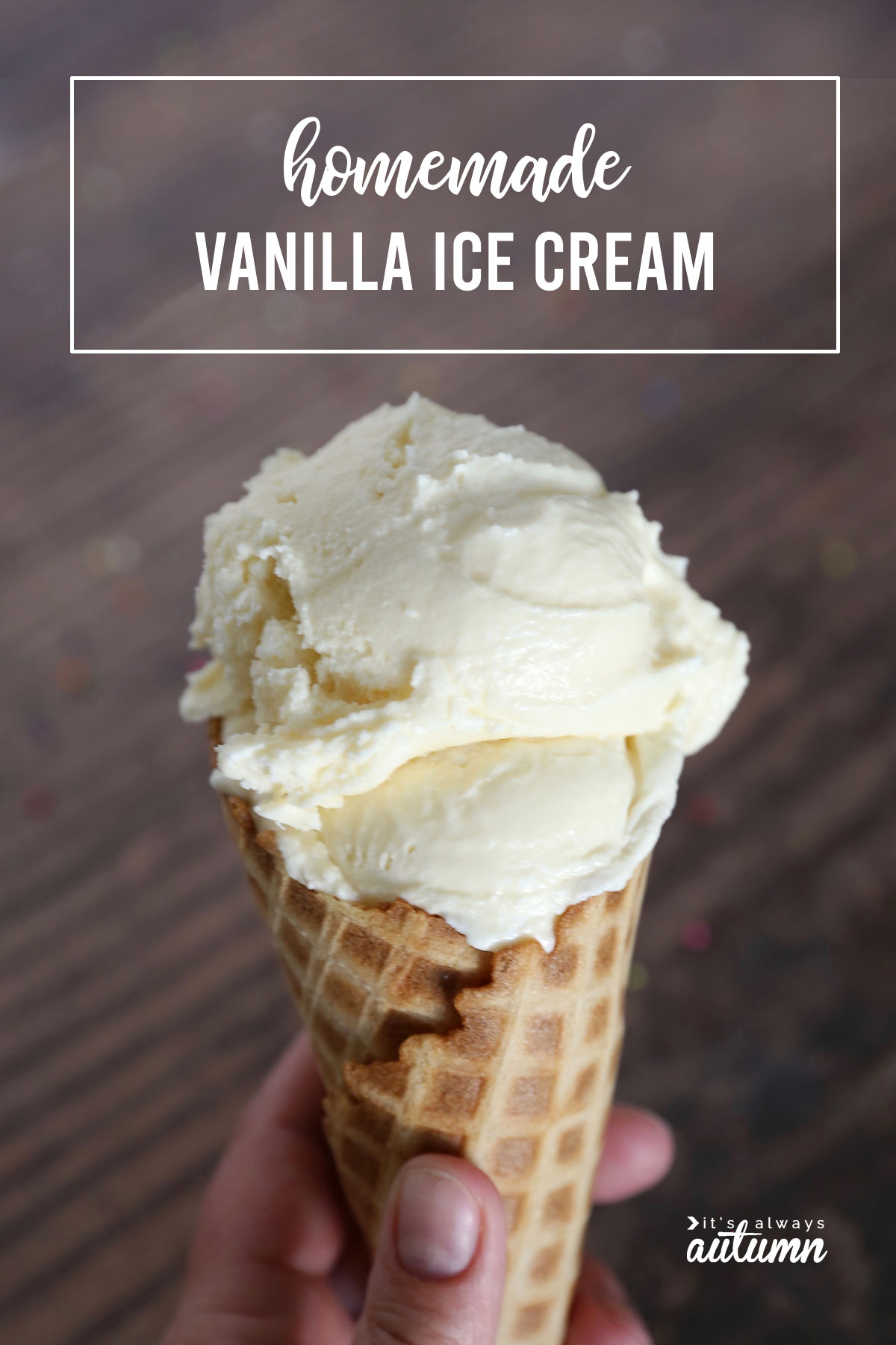 Homemade vanilla ice cream in a cone