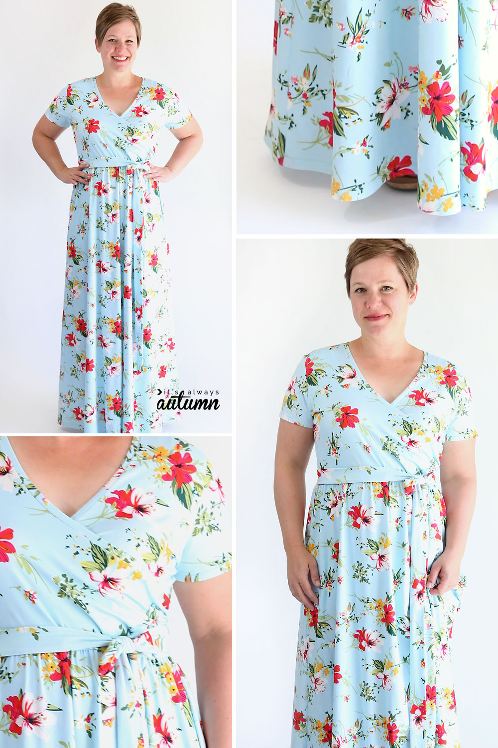 Collage of photos of a woman wearing a floral wrap maxi dress