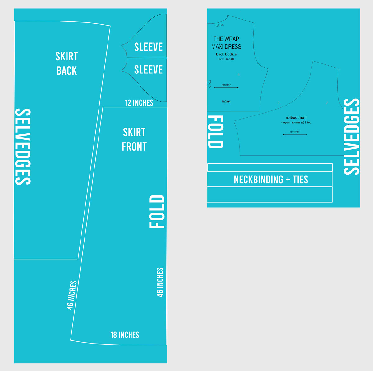 Cutting diagram for wrap maxi dress sewing pattern