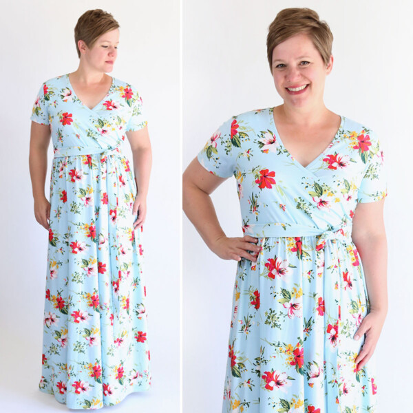 Pretty and flattering wrap maxi dress sewing pattern and tutorial.