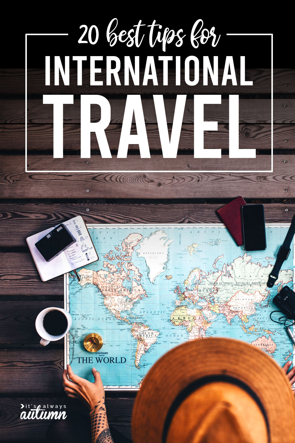 World map and travel items; 20 best tips for international travel