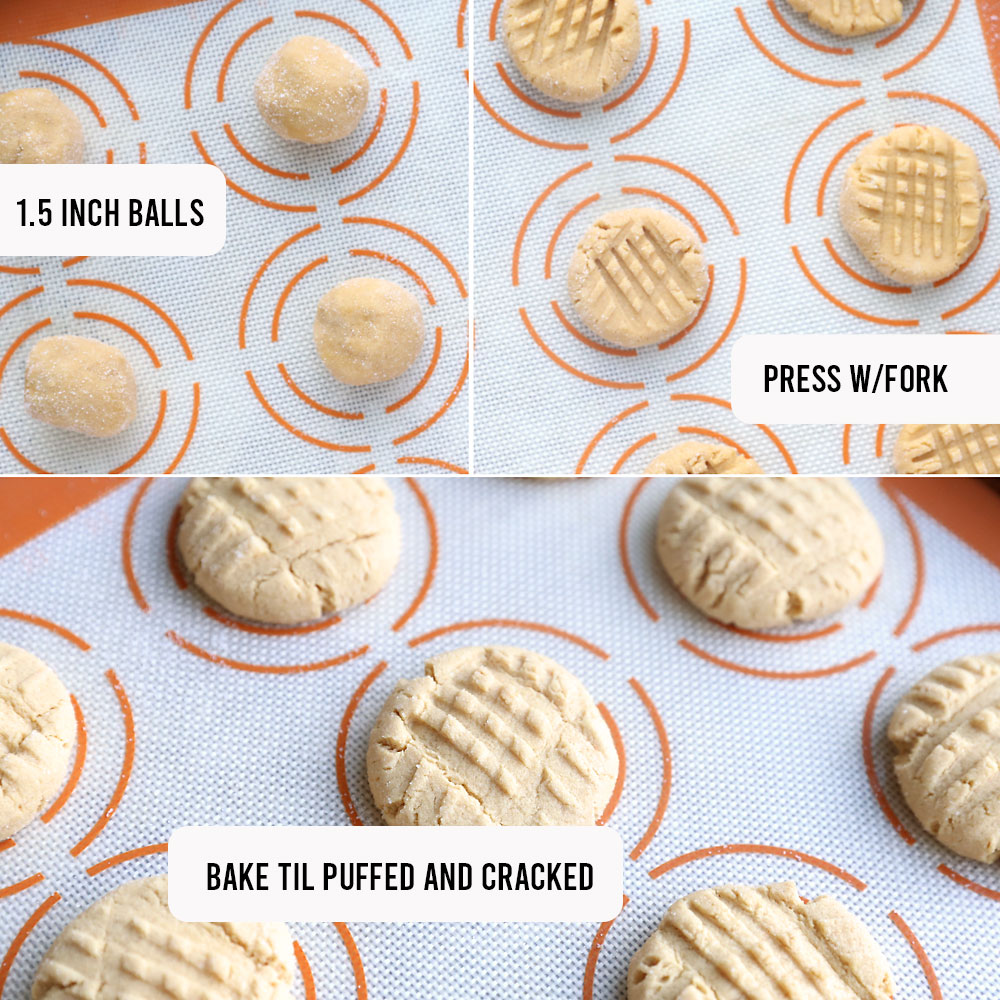 Peanut butter cookie dough balls on a cookie sheet; dough balls pressed down wit a fork; peanut butter cookies baked til puffed and cracked