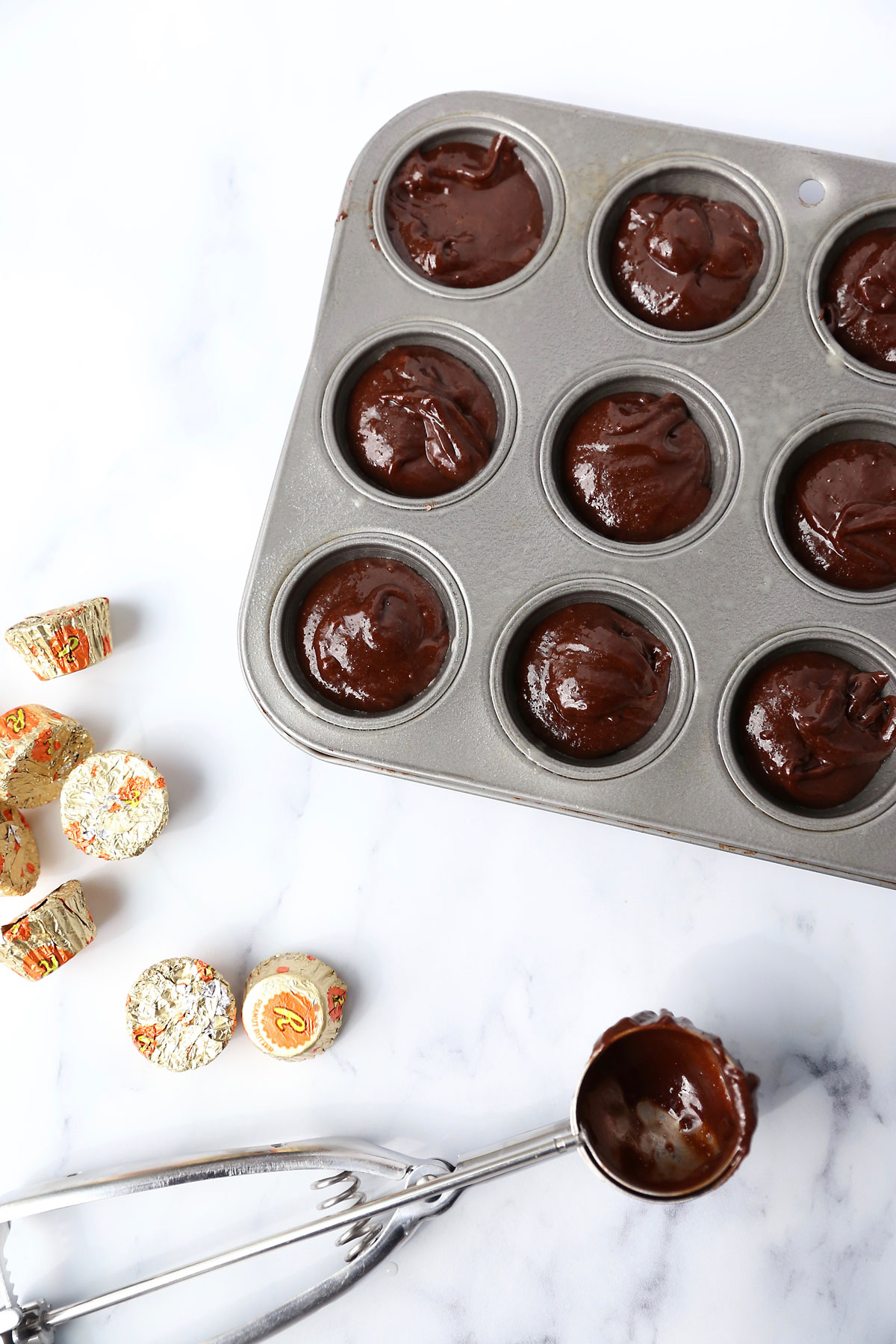 Peanut butter cup brownie bites: fill muffin cups 2/3 way full