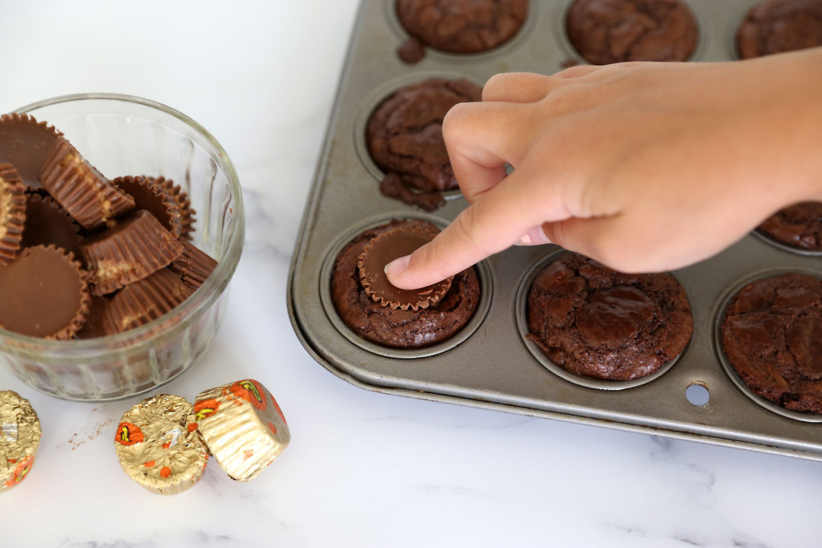 Peanut butter cup brownie bites made with brownie mix and Reese's peanut butter cups