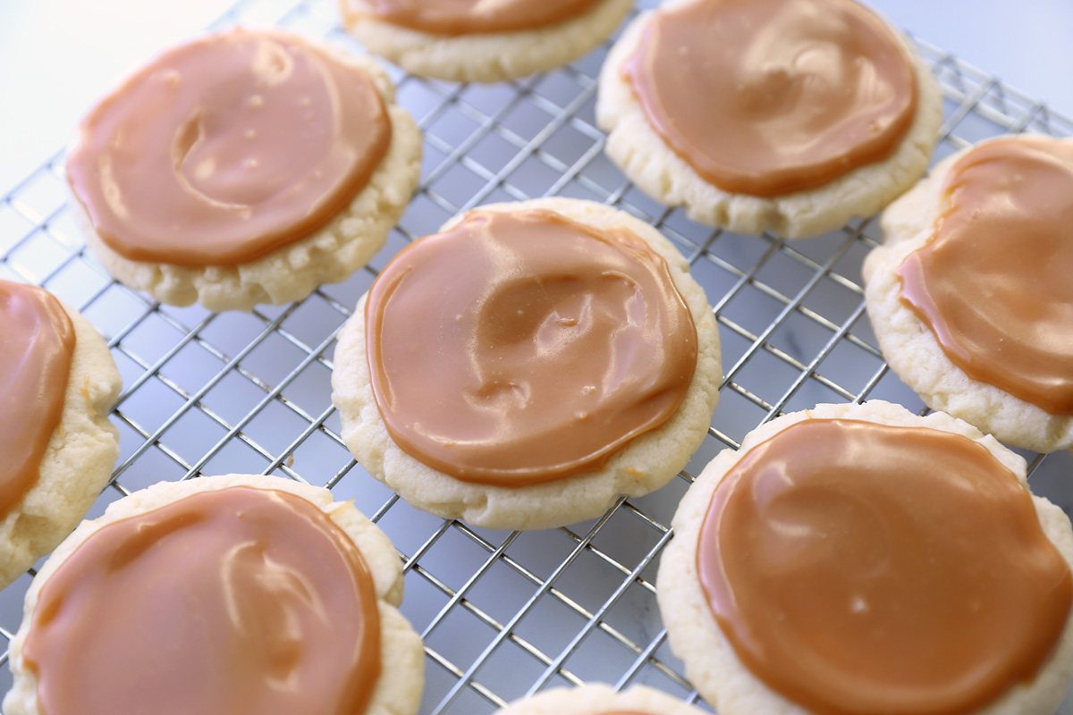 Cake mix cookies topped with caramel