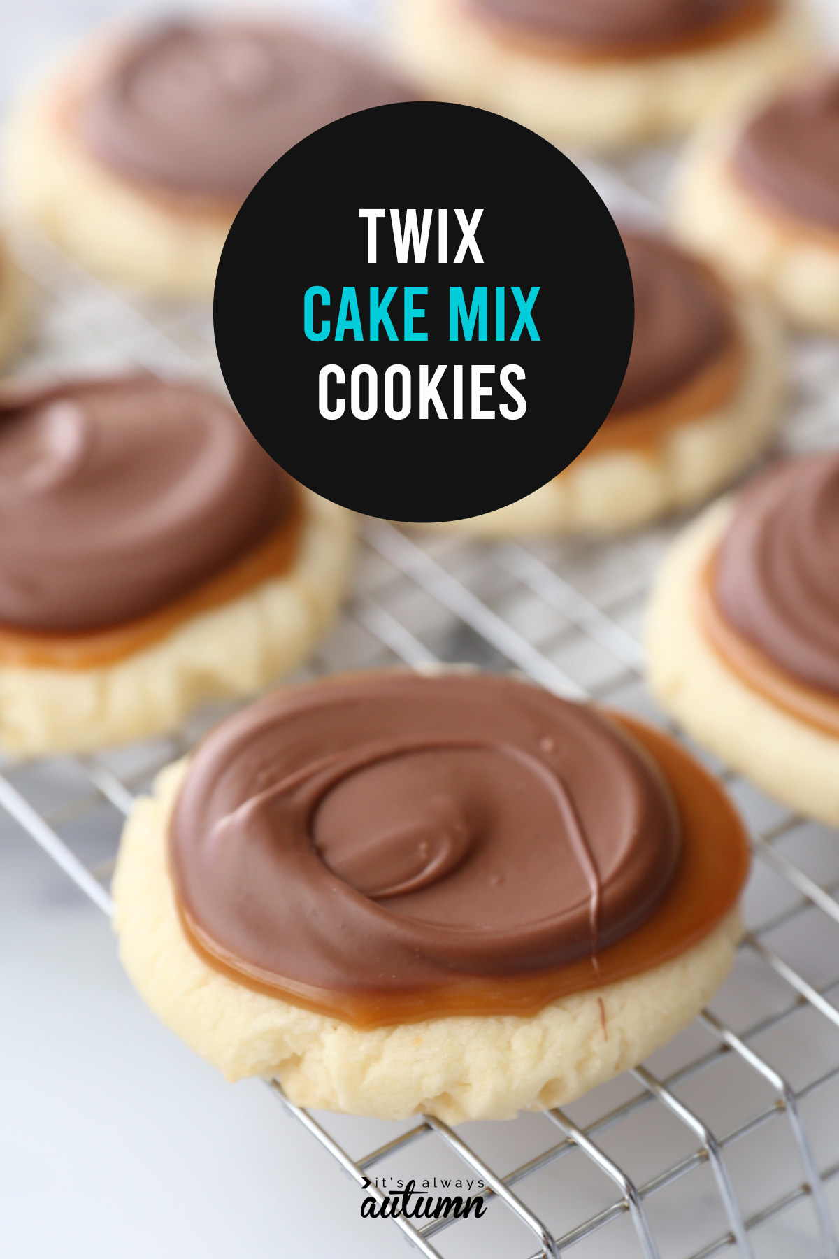 Twix cake mix cookies on a cooling rack