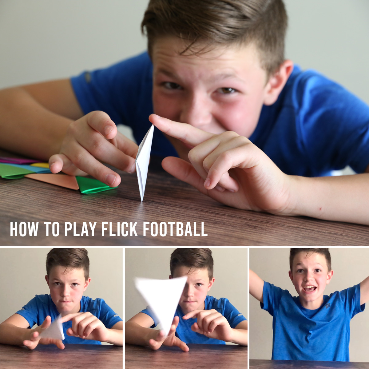 Boy playing with folded paper football