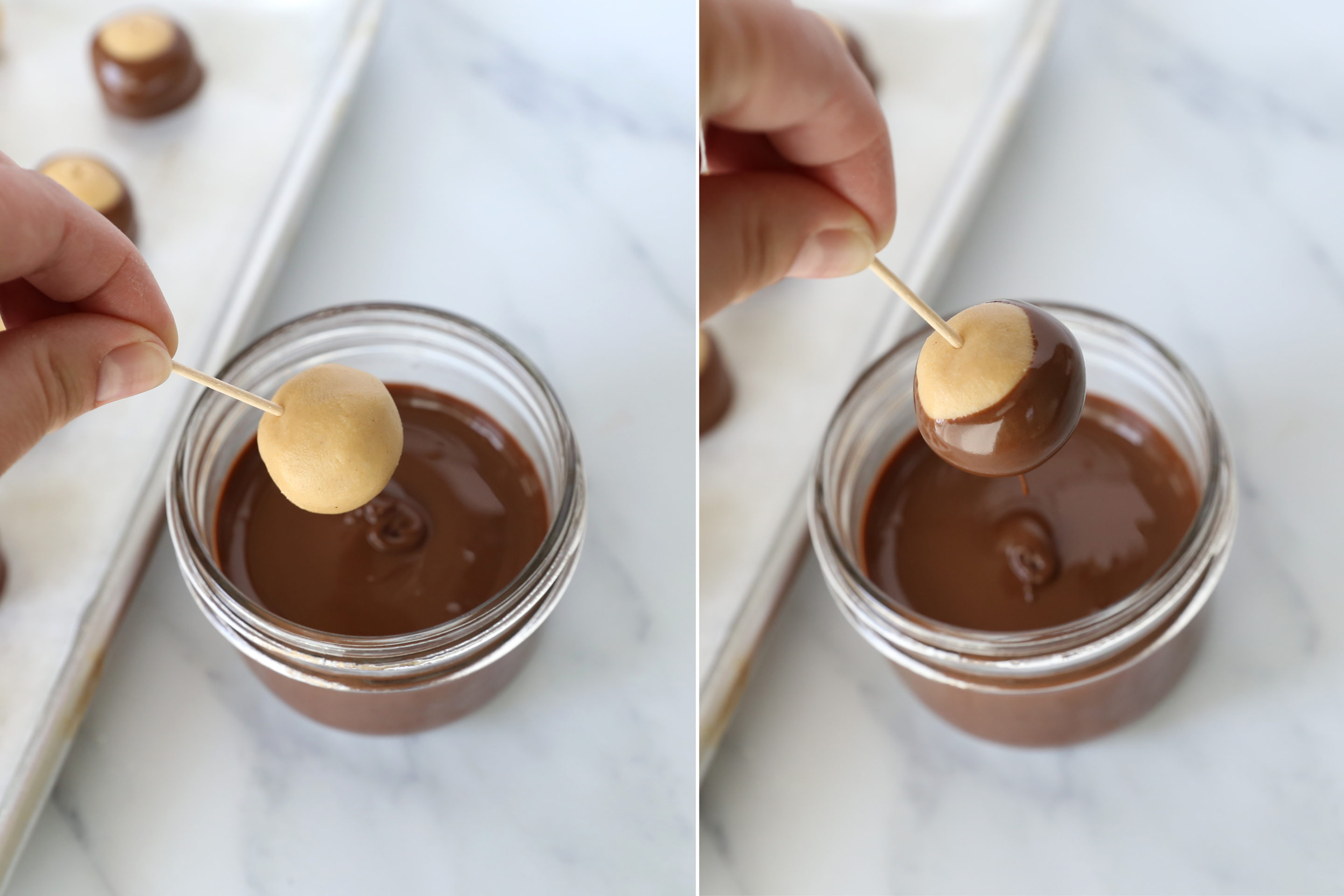 Halloween peanut butter balls: dip in melted chocolate