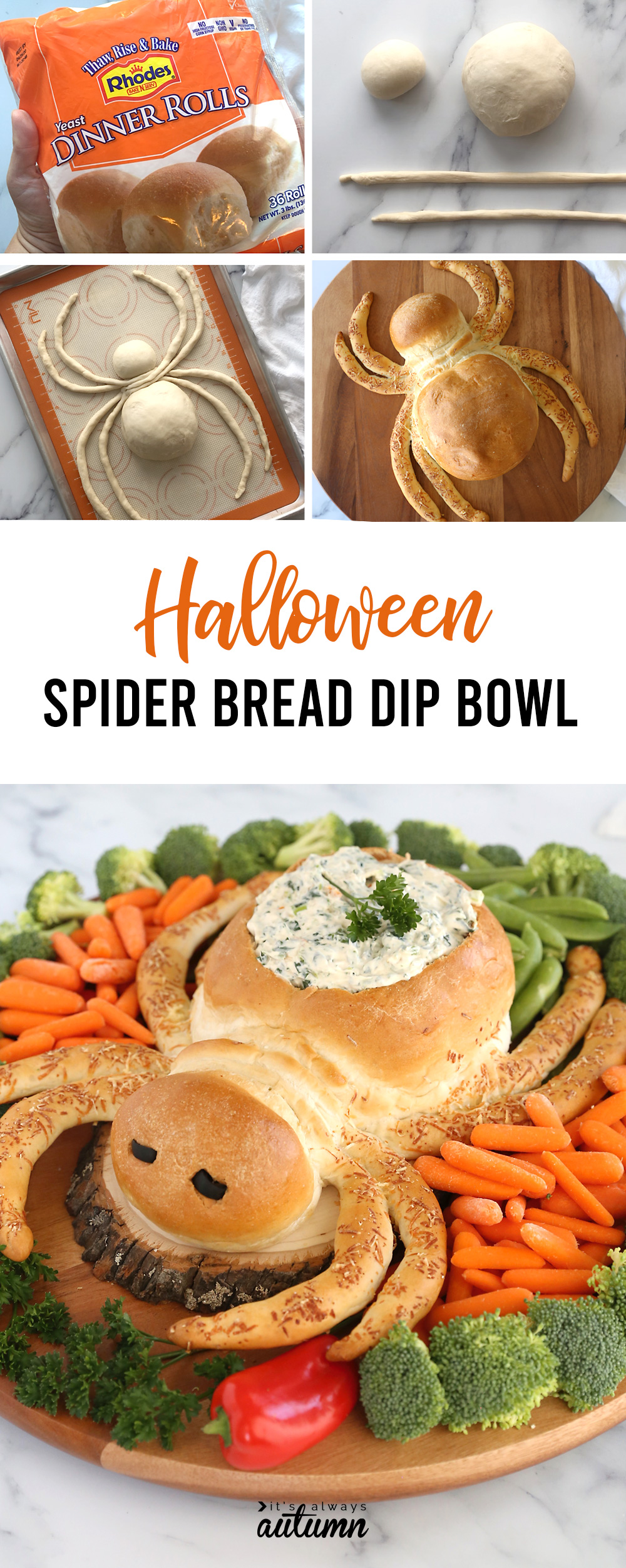 Halloween spider bread dip bowl surrounded by vegetables