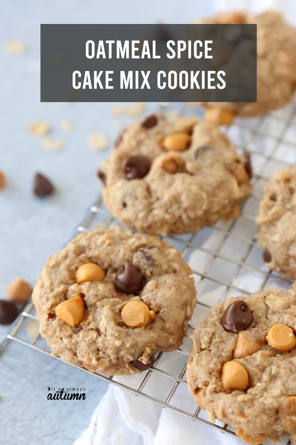 Oatmeal spice cake mix cookies with butterscotch and chocolate chips