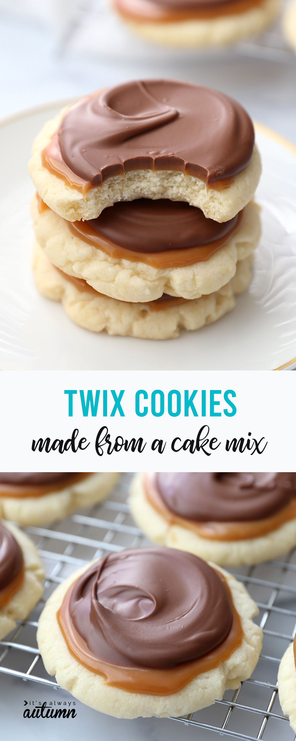 Twix cake mix cookies in a stack; on a cooling rack