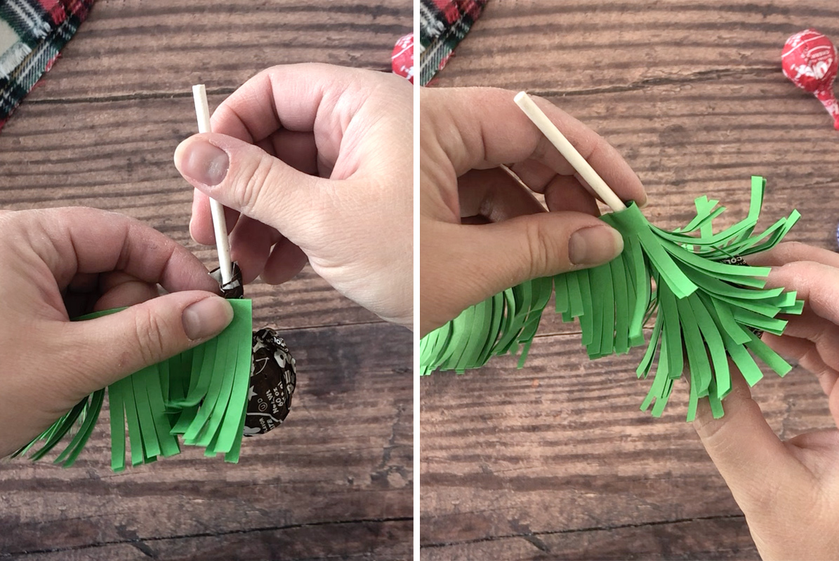 How to make Christmas tree sucker: wrap paper around sucker stick