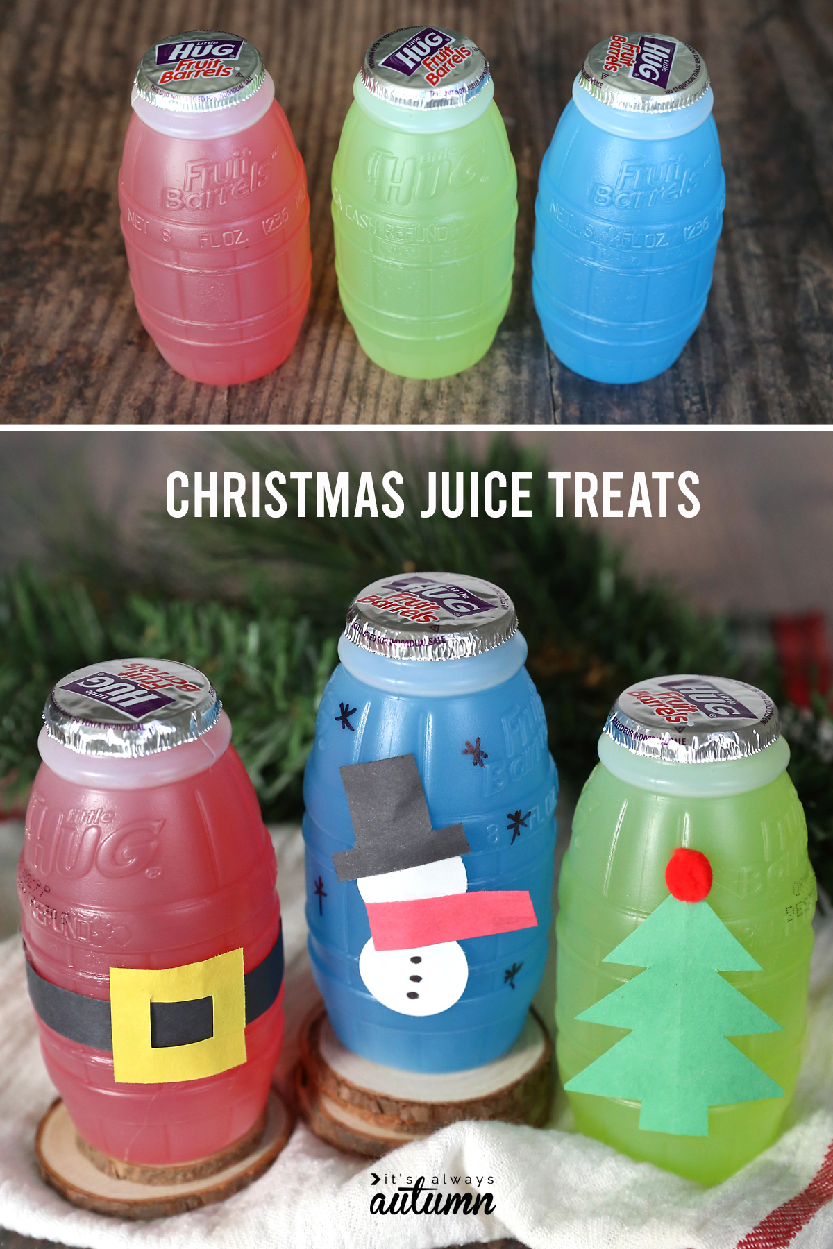 Red, green and blue juice treat jugs decorated with construction paper for Christmas