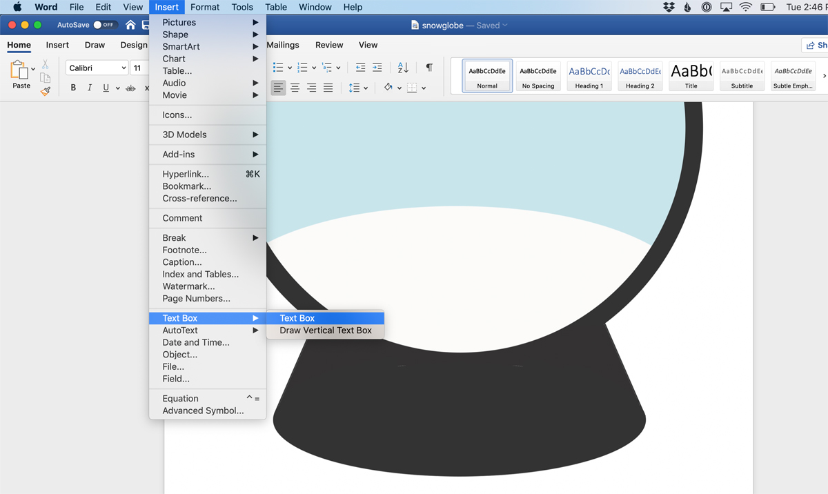 Snowglobe template opened in Microsoft Word; Choosing insert - text box