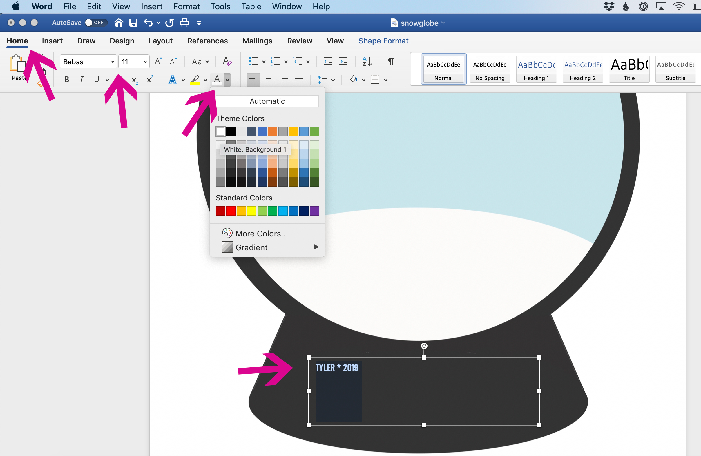 Snowglobe template open in Microsoft word, arrow showing where to change text color to white