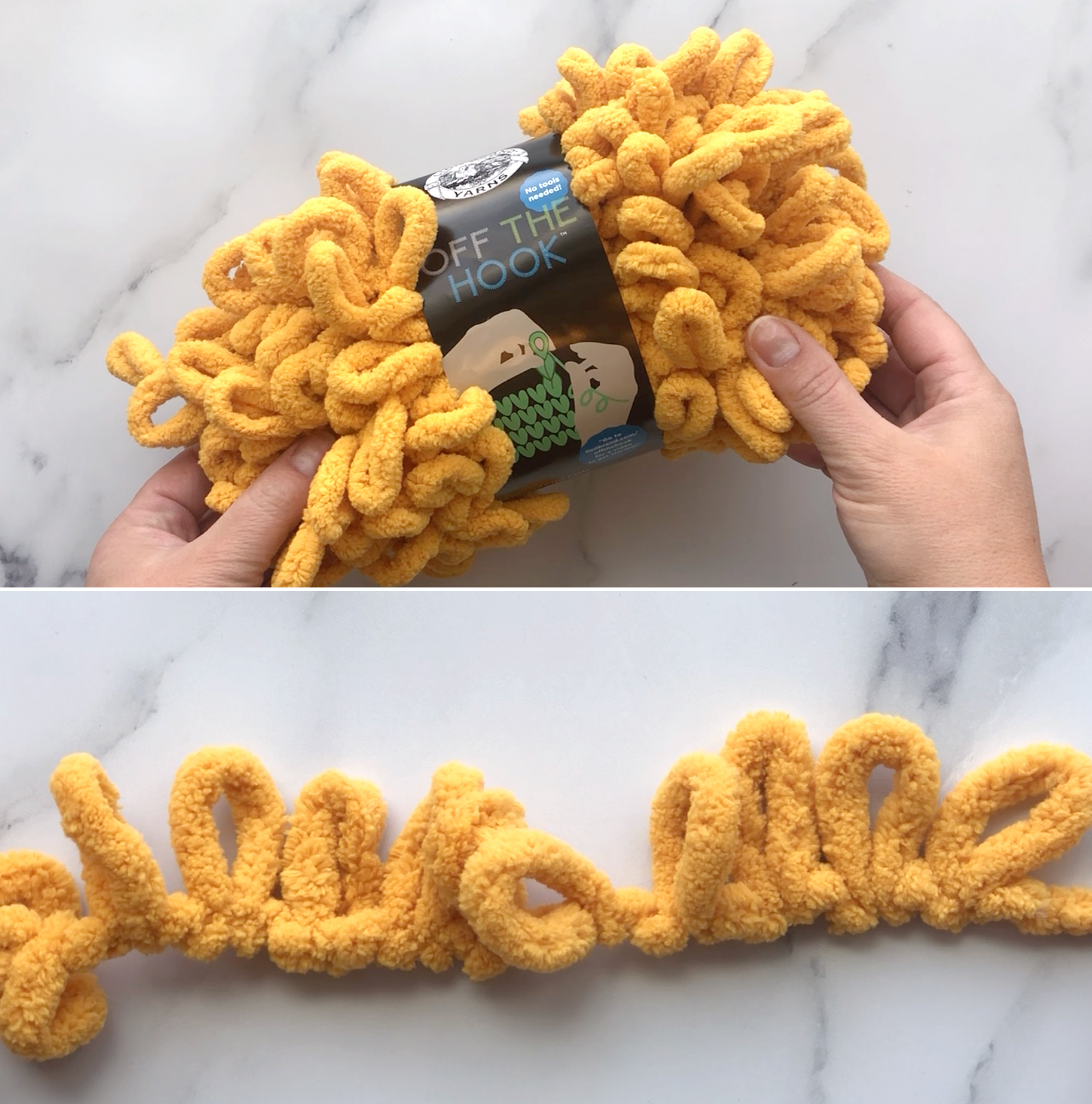 Hands holding ball of yellow loop yarn; strand of yarn showing loops pre-stitched in