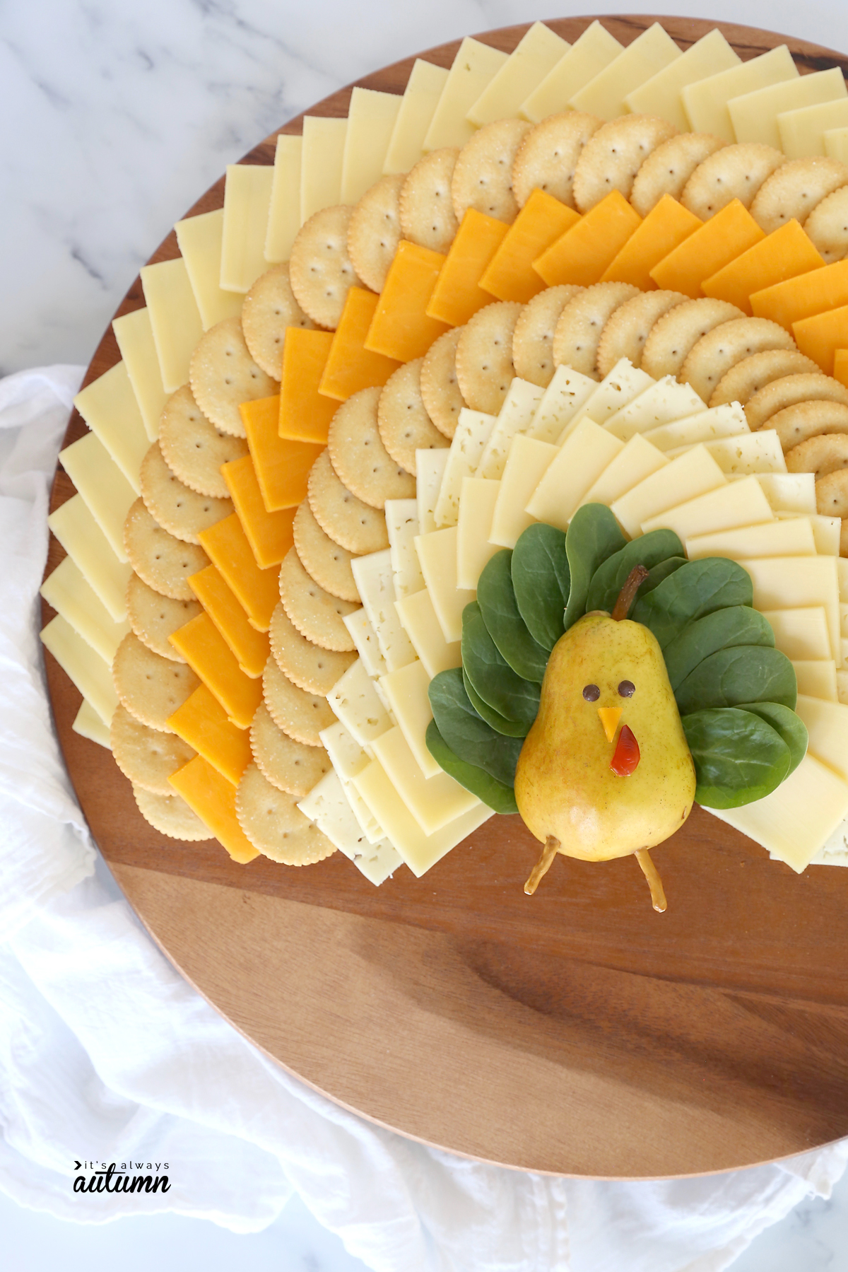 Turkey shaped cheese and crackers board