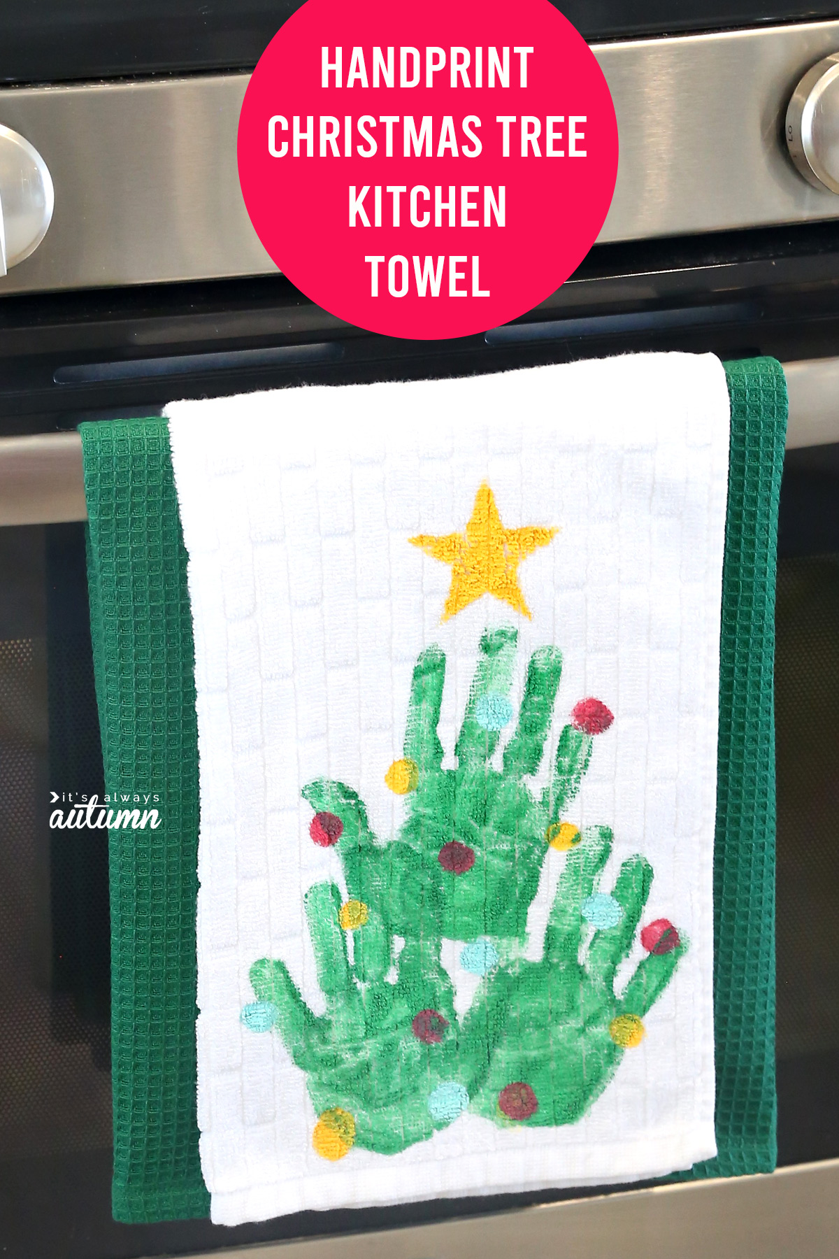This adorable handprint Christmas tree kitchen towel makes a great gift for grandparents!