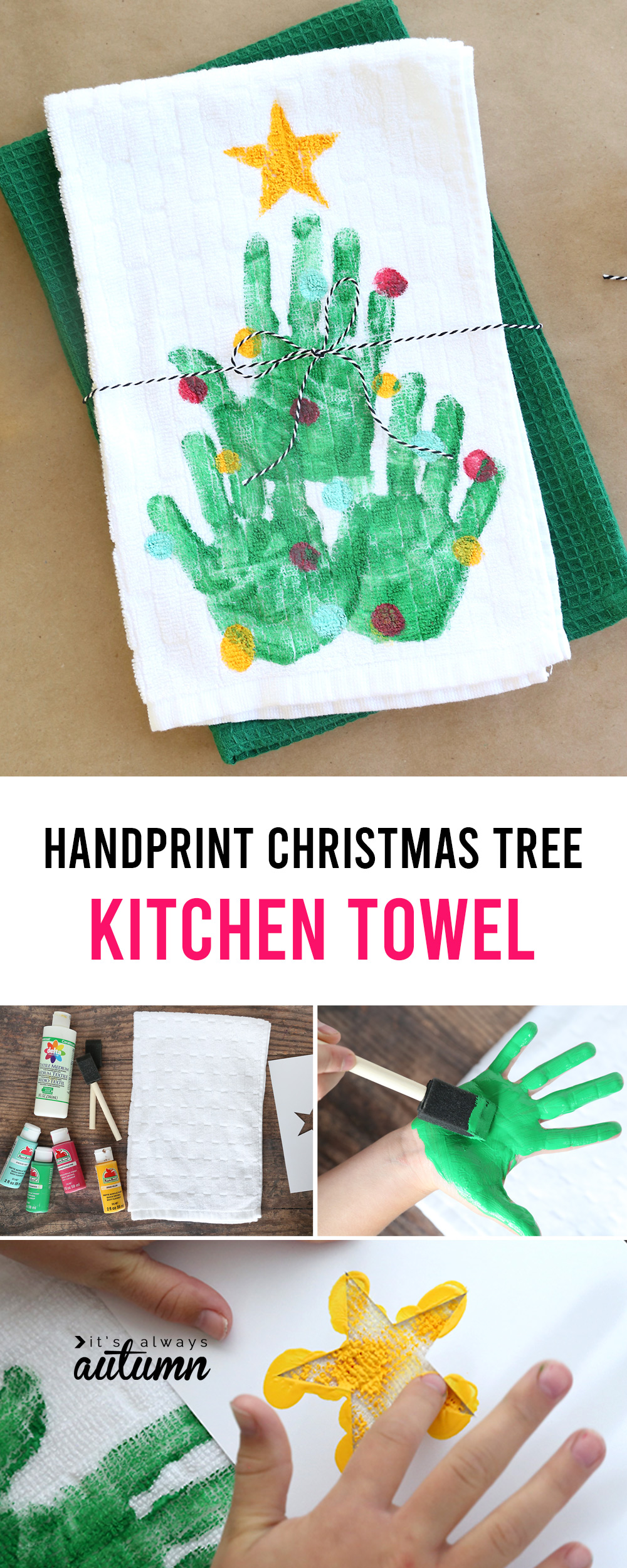 Cute idea! Make a handprint Christmas tree kitchen towel - fun homemade Christmas gift idea.